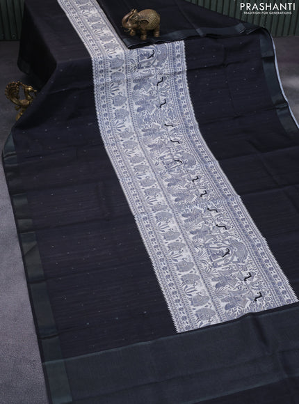 Semi tussar saree off white and black with madhubani prints & zari buttas and zari woven border