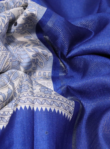 Semi tussar saree off white and blue with madhubani prints & zari buttas and zari woven border