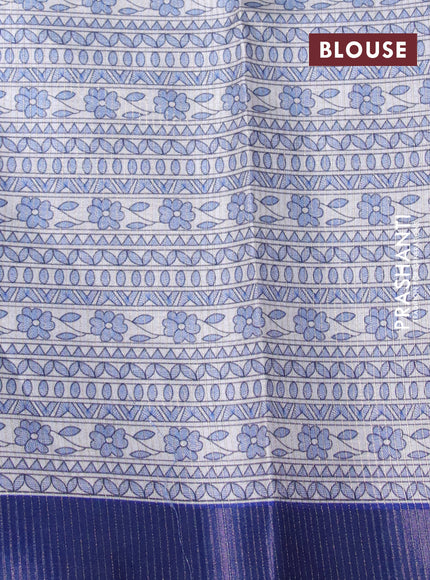 Semi tussar saree off white and blue with madhubani prints & zari buttas and zari woven border