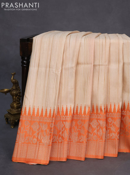 Semi tussar silk saree cream and orange with plain body and long temple design ganga jamuna border