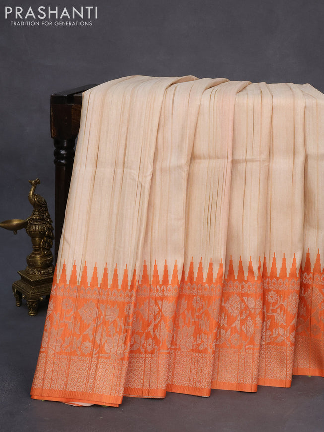 Semi tussar silk saree cream and orange with plain body and long temple design ganga jamuna border