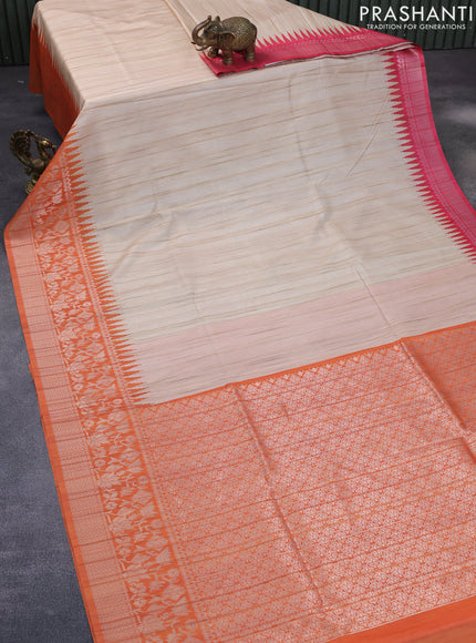 Semi tussar silk saree cream and orange with plain body and long temple design ganga jamuna border