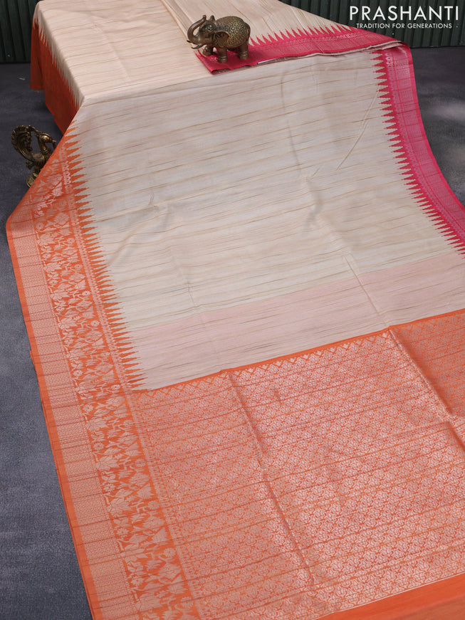 Semi tussar silk saree cream and orange with plain body and long temple design ganga jamuna border