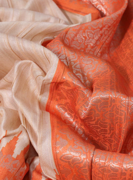 Semi tussar silk saree cream and orange with plain body and long temple design ganga jamuna border