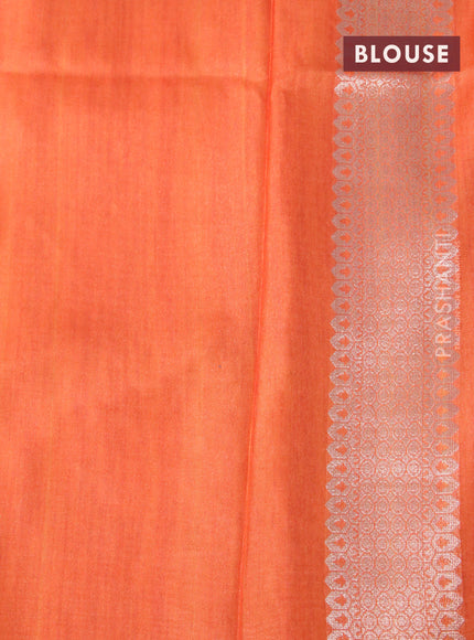 Semi tussar silk saree cream and orange with plain body and long temple design ganga jamuna border