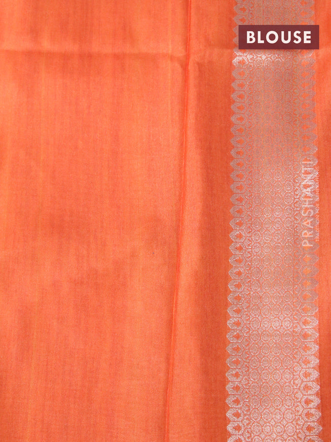 Semi tussar silk saree cream and orange with plain body and long temple design ganga jamuna border