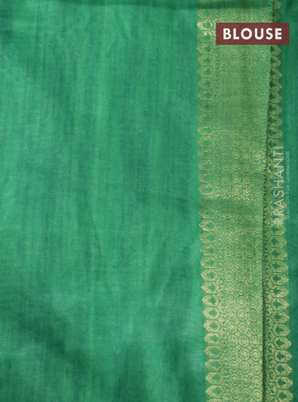 Semi tussar silk saree cream and green with plain body and long temple design ganga jamuna border