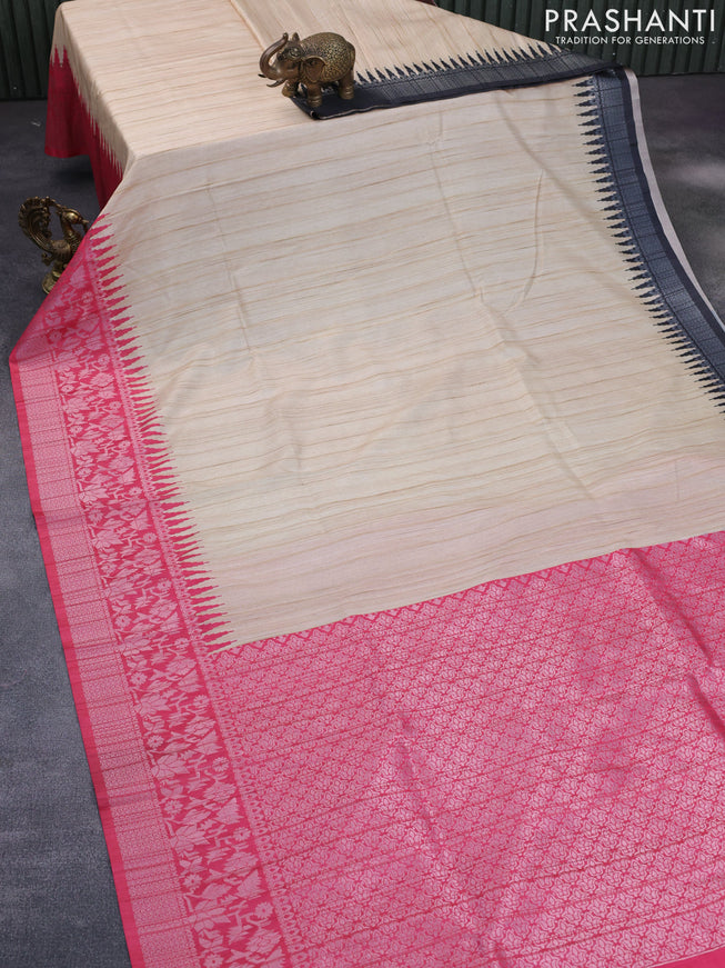 Semi tussar silk saree cream and pink with plain body and long temple design ganga jamuna border