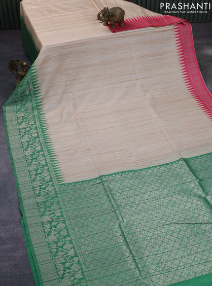 Semi tussar silk saree cream and green with plain body and long temple design ganga jamuna border