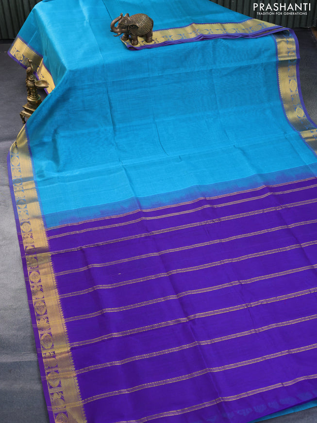 Silk cotton saree light blue and violet with plain body and annam zari woven border