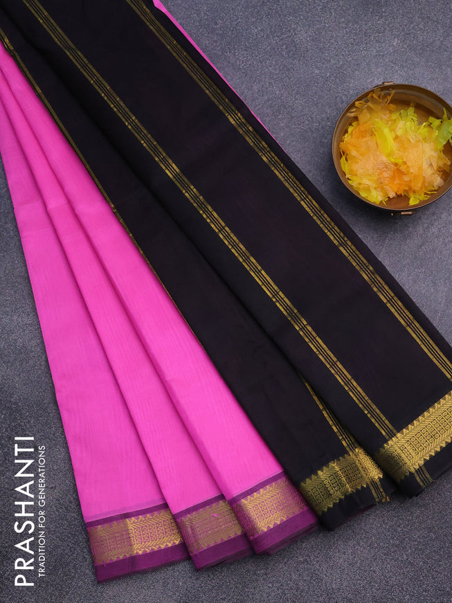 Silk cotton saree candy pink and black with plain body and zari woven border