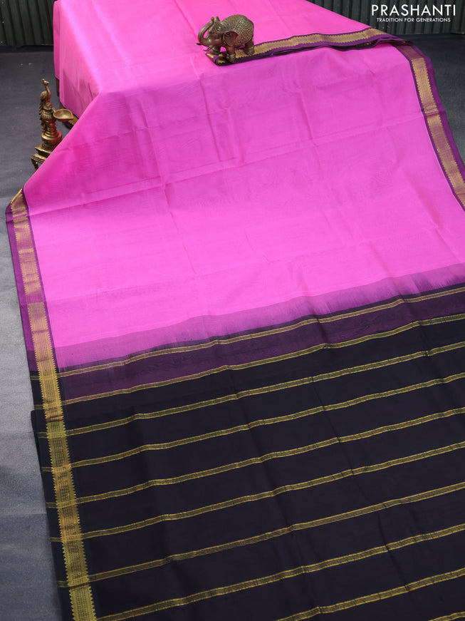 Silk cotton saree candy pink and black with plain body and zari woven border