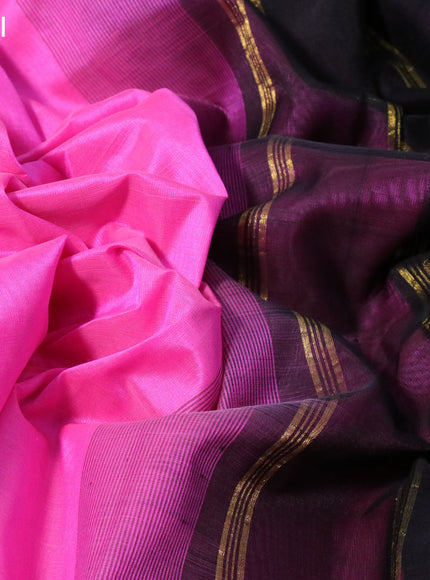 Silk cotton saree candy pink and black with plain body and zari woven border