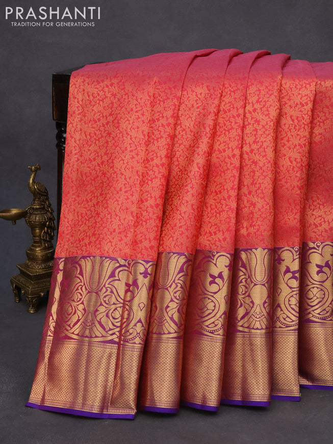 Roopam silk saree pink shade and blue with allover zari weaves and rich zari woven border