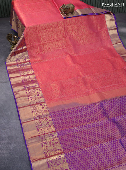 Roopam silk saree pink shade and blue with allover zari weaves and rich zari woven border