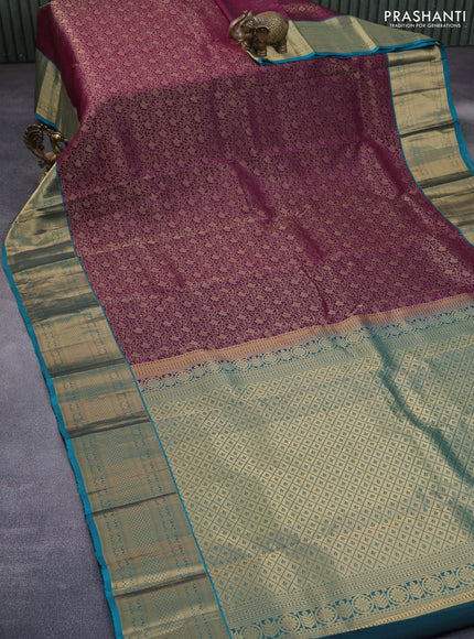 Roopam silk saree dark purple and teal green with allover zari weaves and rich zari woven border