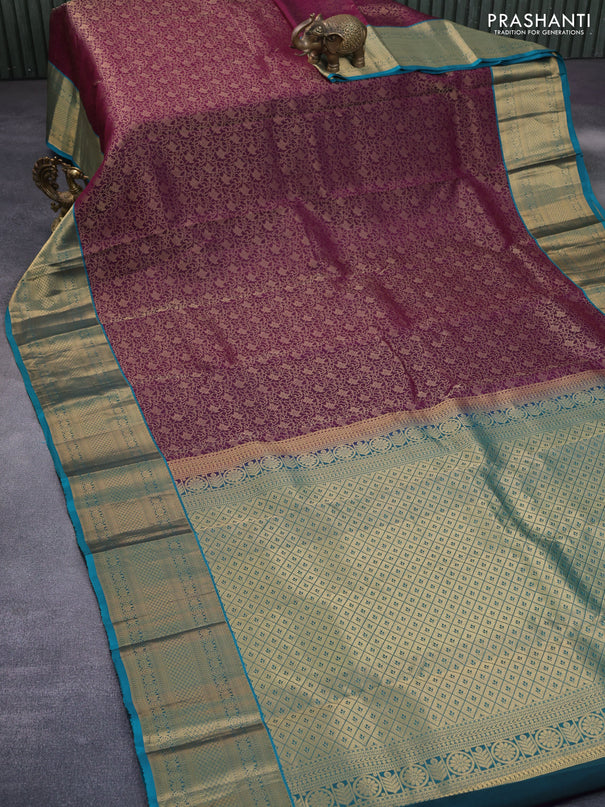 Roopam silk saree dark purple and teal green with allover zari weaves and rich zari woven border