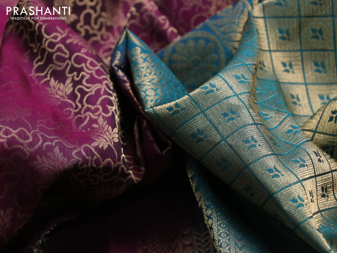 Roopam silk saree dark purple and teal green with allover zari weaves and rich zari woven border