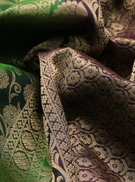 Roopam silk saree green and dark coffee brown with allover zari weaves and rich zari woven border