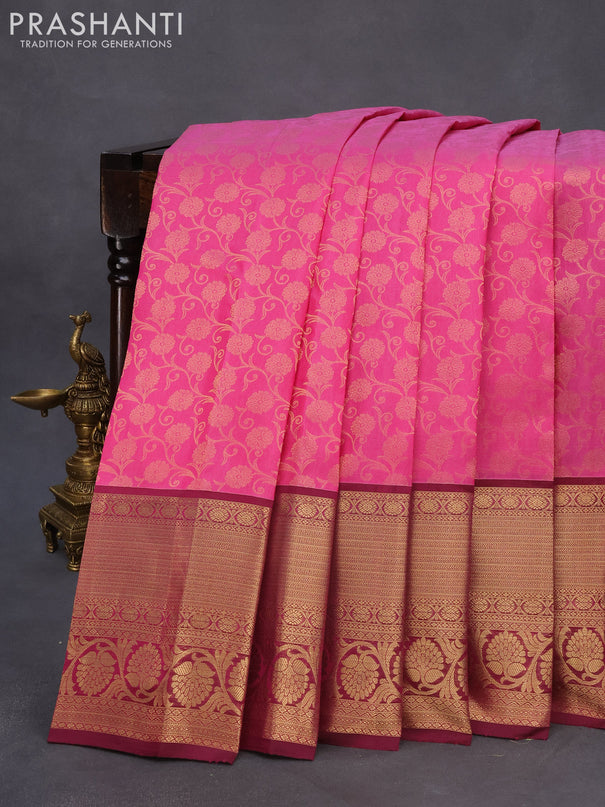 Roopam silk saree pink and dark magenta pink with allover zari weaves and rich zari woven border