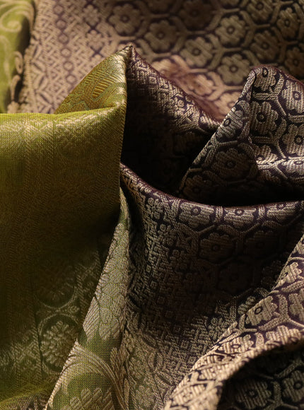 Roopam silk saree mehendi green and deep wine shade with allover zari weaves and rich zari woven border