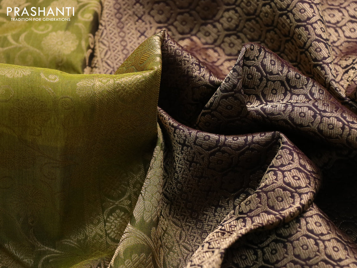 Roopam silk saree mehendi green and deep wine shade with allover zari weaves and rich zari woven border