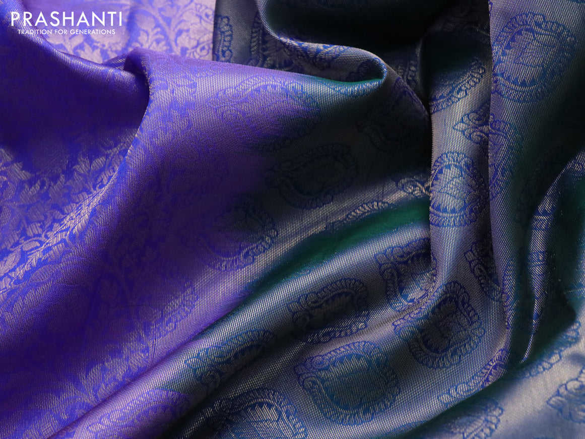 Roopam silk saree royal blue and dual shade of bluish green with allover zari woven brocade weaves and annam zari woven border