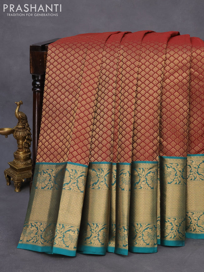 Roopam silk saree maroon and peacock green with allover zari woven brocade weaves and long floral zari woven border