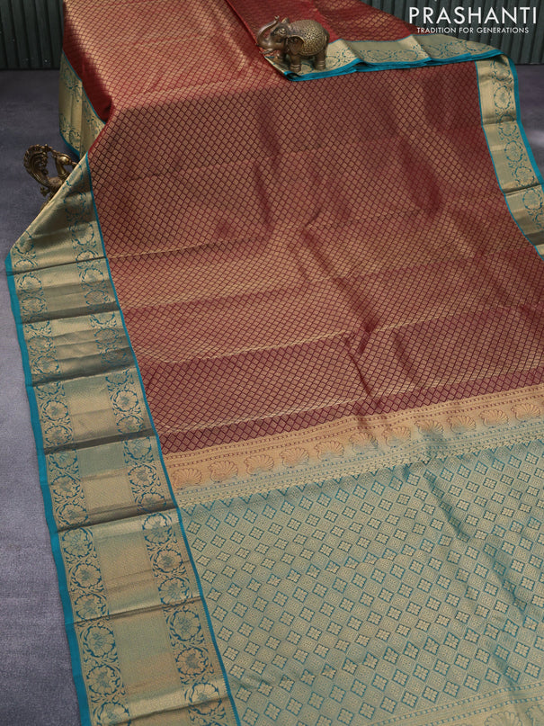 Roopam silk saree maroon and peacock green with allover zari woven brocade weaves and long floral zari woven border