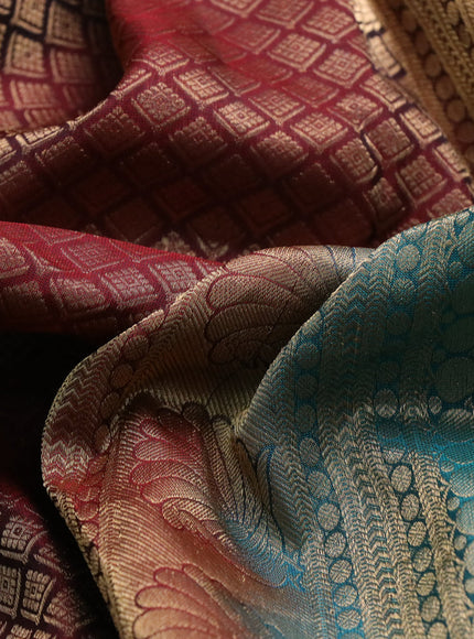 Roopam silk saree maroon and peacock green with allover zari woven brocade weaves and long floral zari woven border