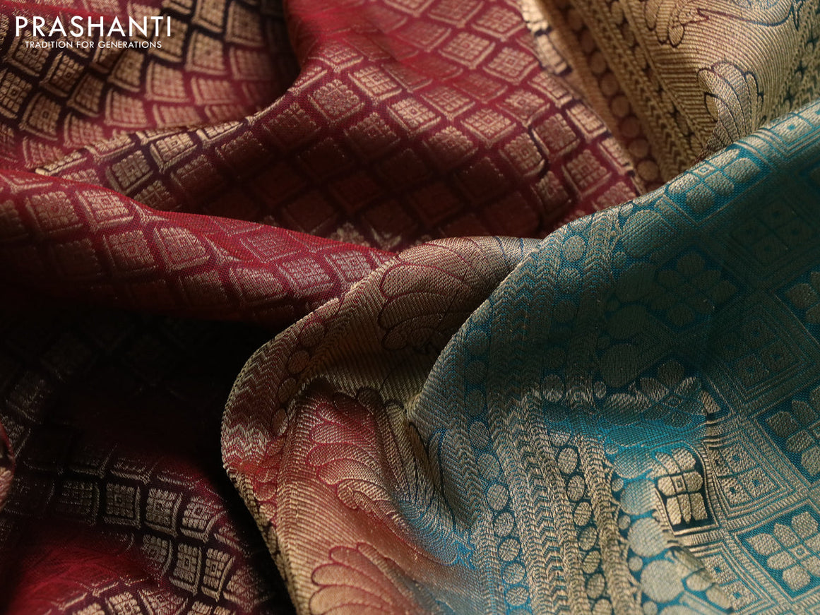 Roopam silk saree maroon and peacock green with allover zari woven brocade weaves and long floral zari woven border