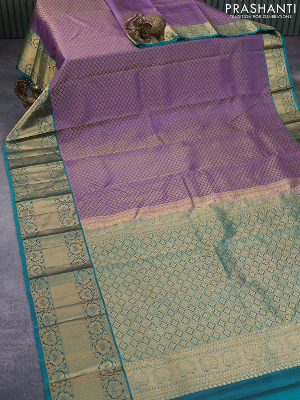 Roopam silk saree violet and peacock green with allover zari woven brocade weaves and long floral zari woven border