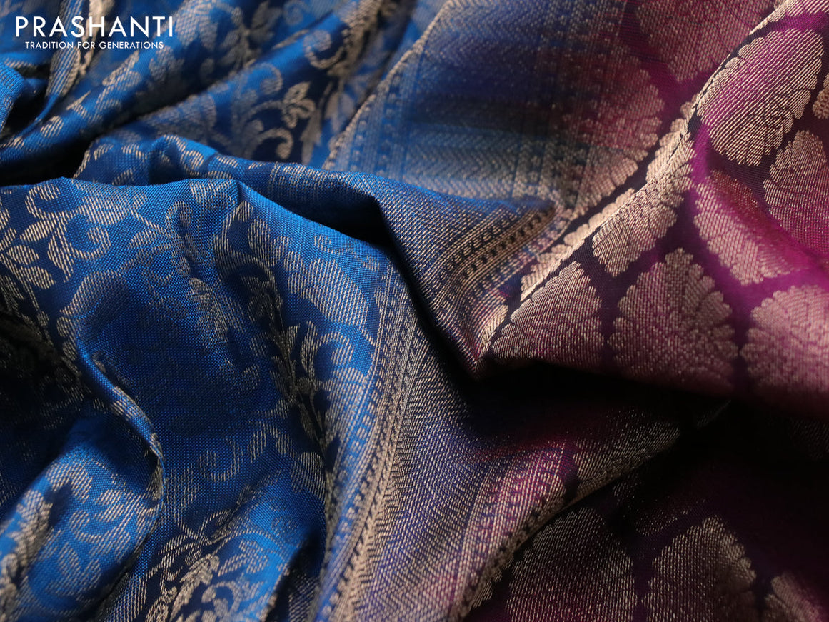 Roopam silk saree peacock blue and dark magenta pink with allover zari woven brocade weaves and zari woven border