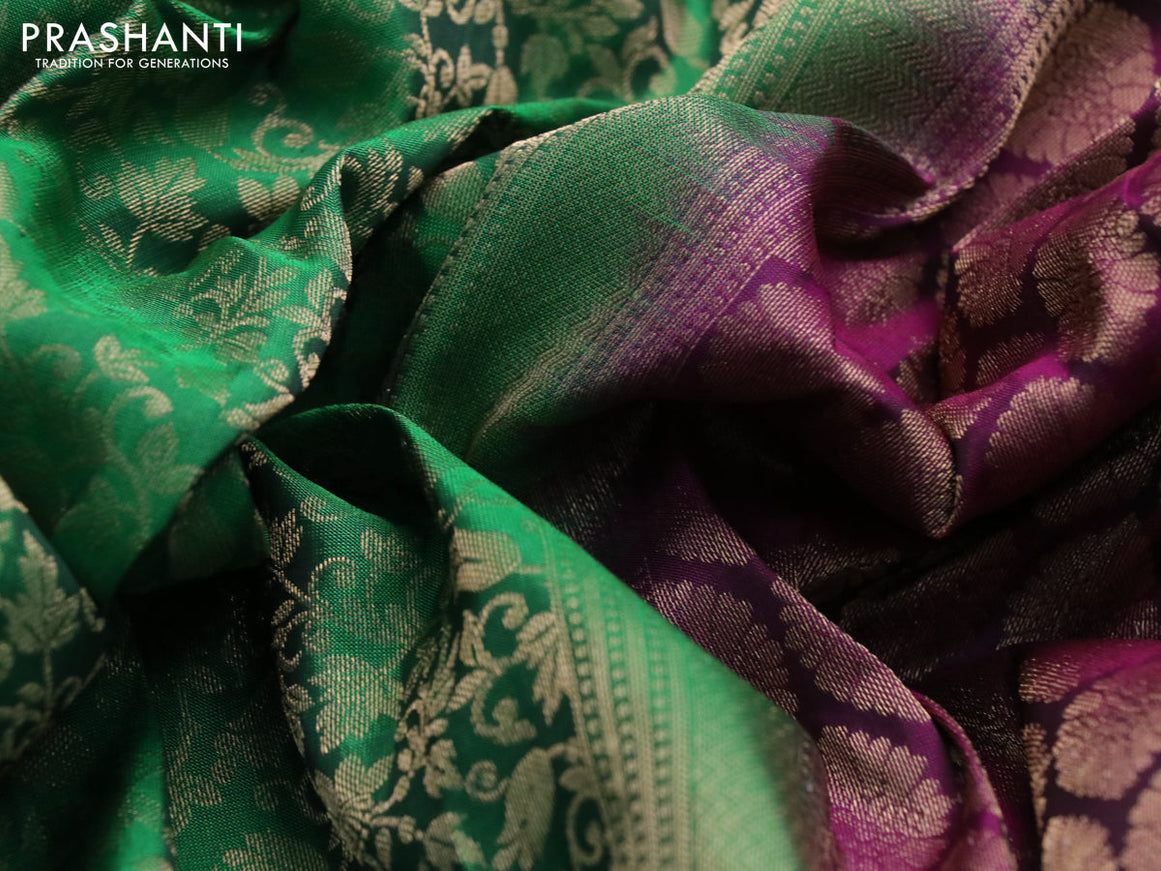 Roopam silk saree green and dark magenta pink with allover zari weaves and rich zari woven border