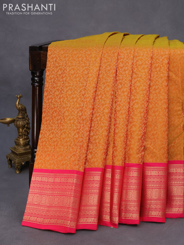 Roopam silk saree dual shade of mustard yellow and pink with allover zari weaves and rich zari woven border