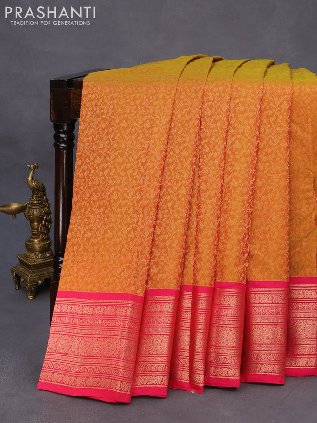 Roopam silk saree dual shade of mustard yellow and pink with allover zari weaves and rich zari woven border