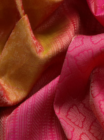 Roopam silk saree dual shade of mustard yellow and pink with allover zari weaves and rich zari woven border