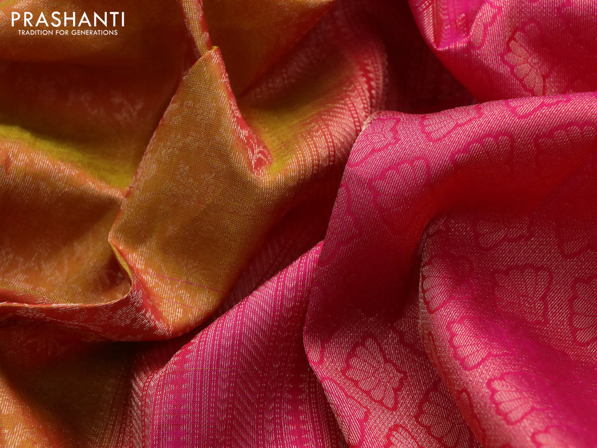 Roopam silk saree dual shade of mustard yellow and pink with allover zari weaves and rich zari woven border