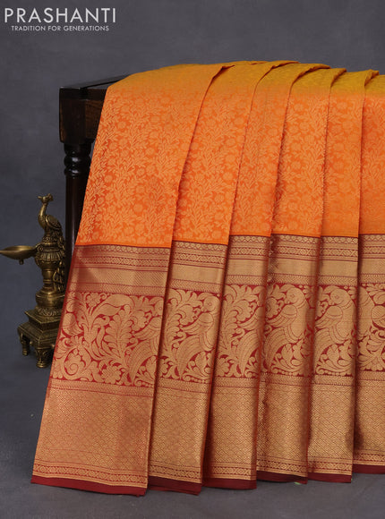 Roopam silk saree dual shade of mustard and maroon with allover zari woven brocade weaves and long annam zari woven border