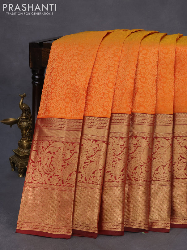 Roopam silk saree dual shade of mustard and maroon with allover zari woven brocade weaves and long annam zari woven border