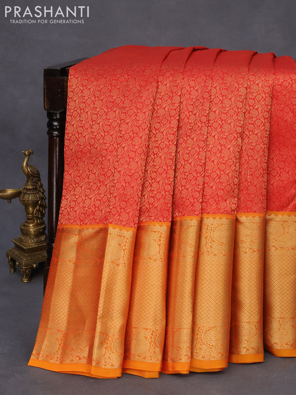 Roopam silk saree red and mustard yellow with allover zari woven brocade weaves and long annam zari woven border