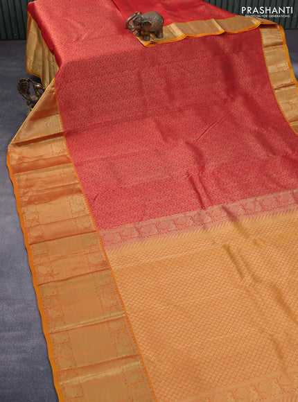 Roopam silk saree red and mustard yellow with allover zari woven brocade weaves and long annam zari woven border