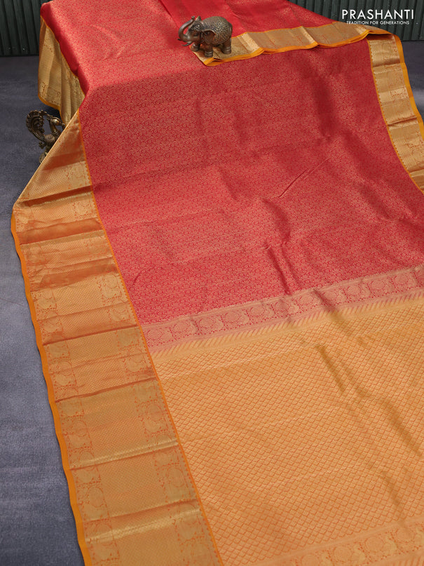 Roopam silk saree red and mustard yellow with allover zari woven brocade weaves and long annam zari woven border