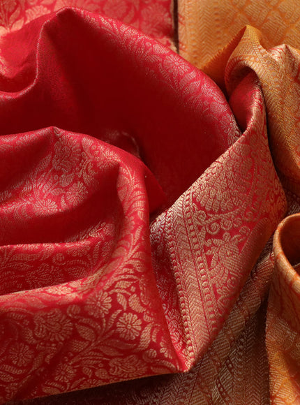 Roopam silk saree red and mustard yellow with allover zari woven brocade weaves and long annam zari woven border