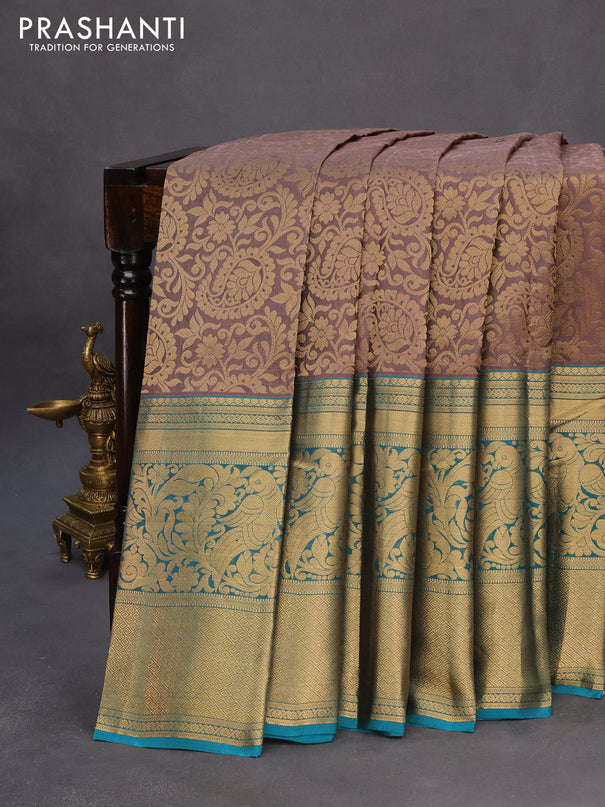 Roopam silk saree pastel brown and teal green with allover zari woven paisley brocade weaves and long rich zari woven border