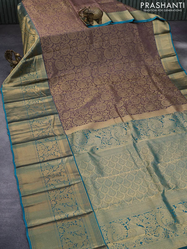 Roopam silk saree pastel brown and teal green with allover zari woven paisley brocade weaves and long rich zari woven border