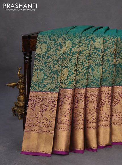 Roopam silk saree green and purple with allover zari woven brocade weaves and long annam zari woven border