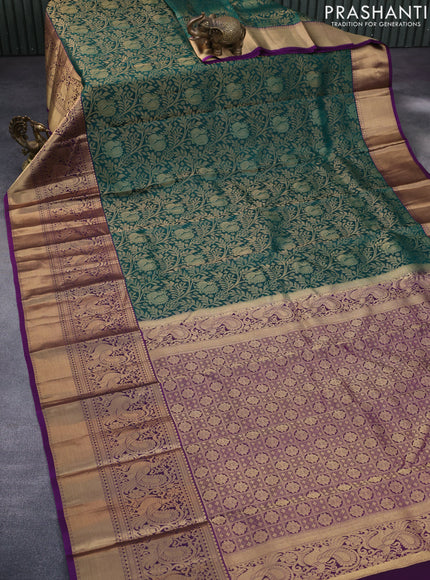 Roopam silk saree green and purple with allover zari woven brocade weaves and long annam zari woven border