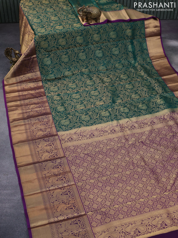 Roopam silk saree green and purple with allover zari woven brocade weaves and long annam zari woven border