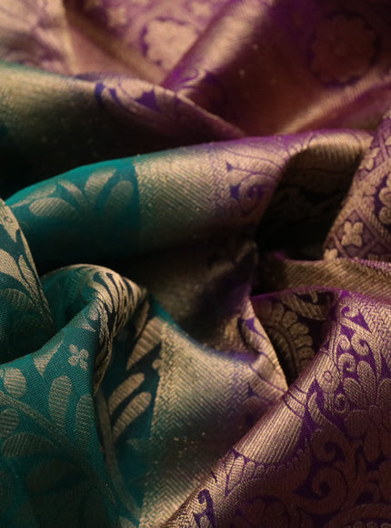 Roopam silk saree green and purple with allover zari woven brocade weaves and long annam zari woven border